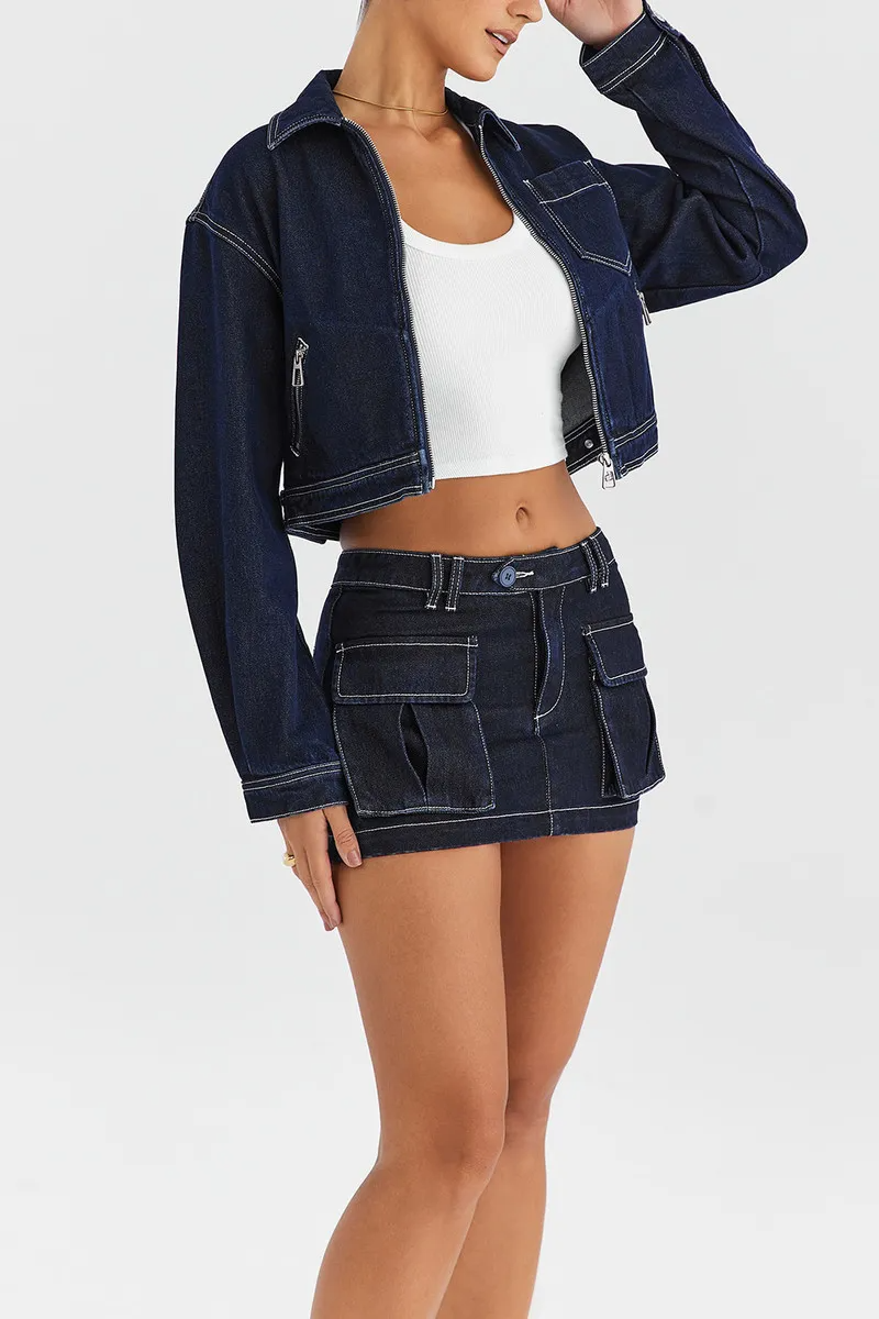 StreetVibe Cropped Denim Zip-Up Jacket Castello Clothing Line
