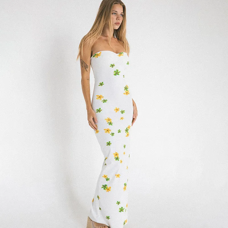 Nessa Strapless Floral Print Ruched Bodycon Maxi Dress maxi dress Castello Clothing Line