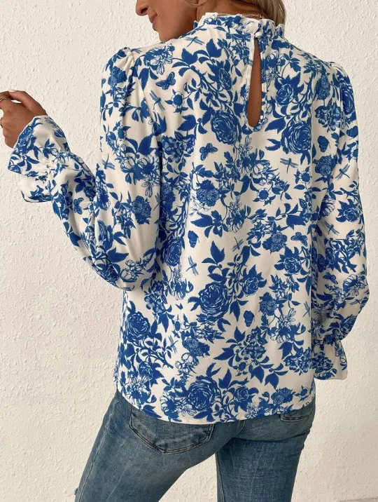 Blue Blossom High-Neck Long Sleeve Blouse  Castello Clothing Line   