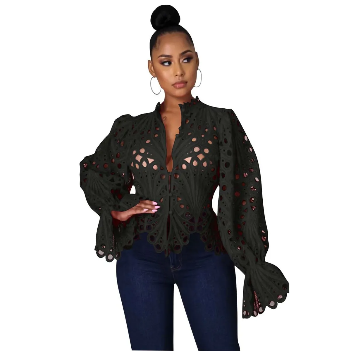 Desire Lace Cutout Ruffle Sleeve Button-Up Blouse Castello Clothing Line