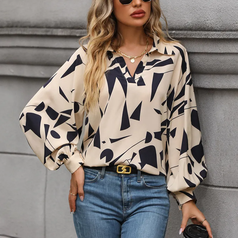 Abstract Charm Printed Collared Long Sleeve Blouse Castello Clothing Line