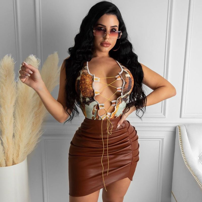 Faux Leather Ruched Pleated High Waist Mini Skirt  Castello Clothing Line   