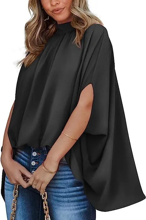 Enchant High-Neck Flowy Cape Sleeve Blouse Castello Clothing Line