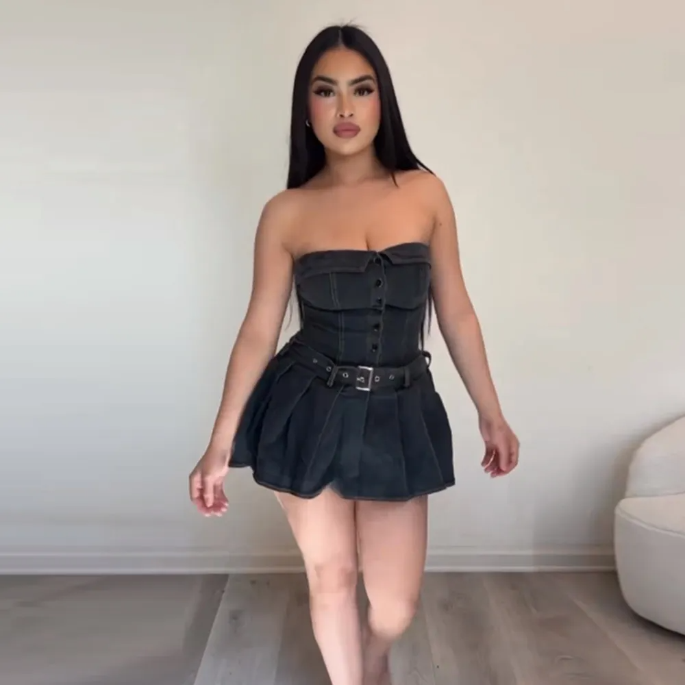 Adriana Strapless Corset Flared Denim Mini Dress Castello Clothing Line