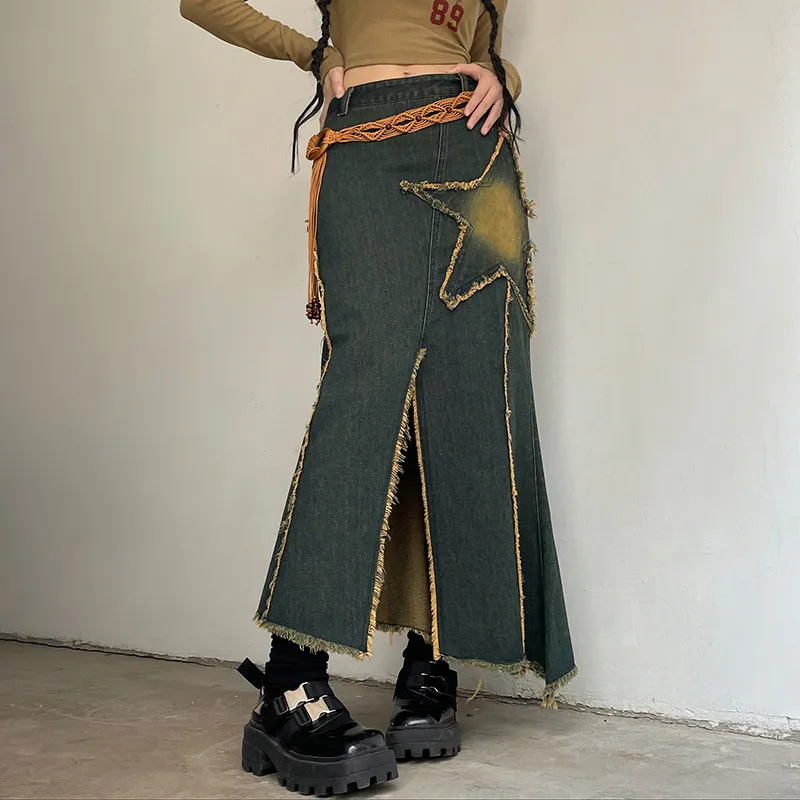 Star Power Fringe Hem Denim Maxi Skirt  Castello Clothing Line   