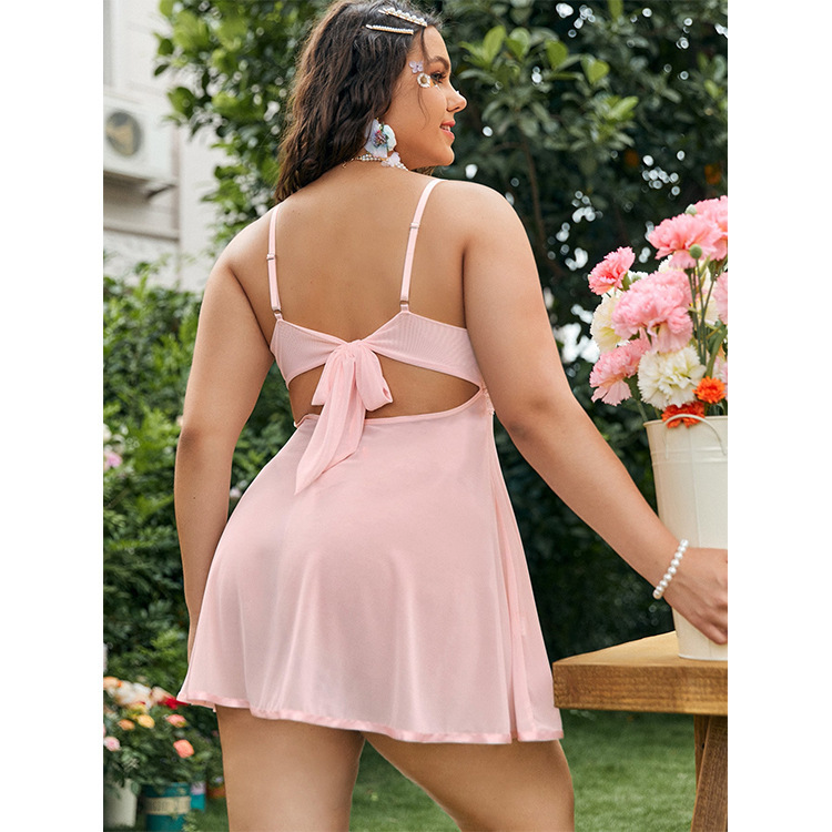 Plus Size Lace Mesh Nightie with V-Neck, Adjustable Straps, and Cut Out Back Tie  Castello Clothing Line   