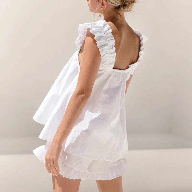 Frilly Whispers Ruffle Strap Top & Lounge Shorts Set  Castello Clothing Line   