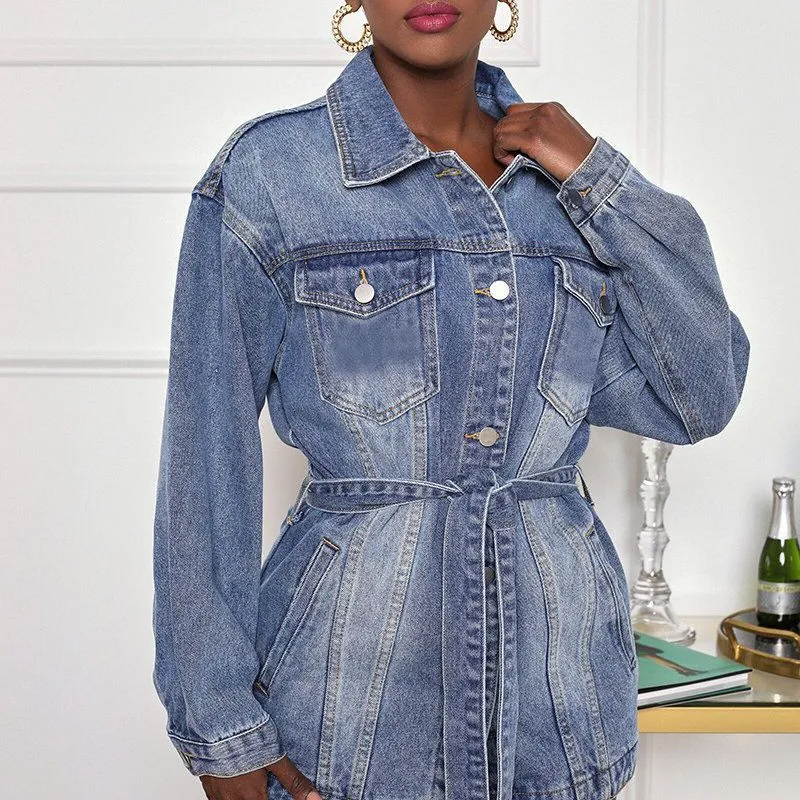Dominance Belted Longline Light Wash Denim Jacket Castello Clothing Line