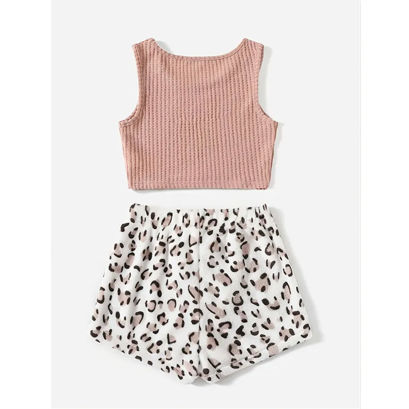 Wild Knit Ribbed Crop & Leopard Lounge Shorts Set  Castello Clothing Line   