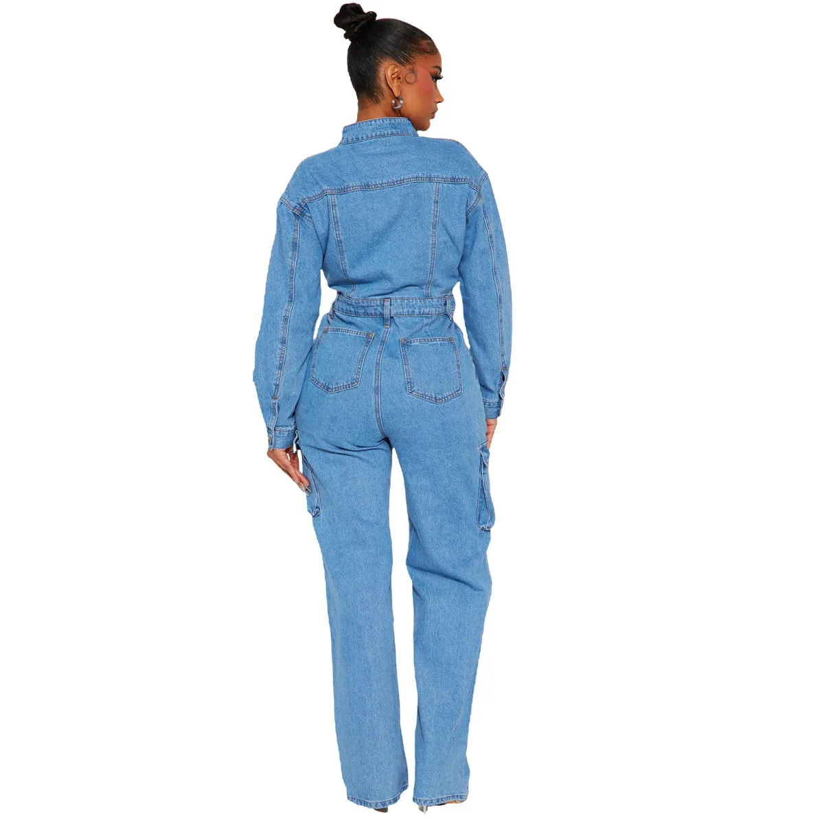 Lydia Long Sleeve Denim Cargo Wide Leg Jumpsuit utility jumpsuit Castello Clothing Line