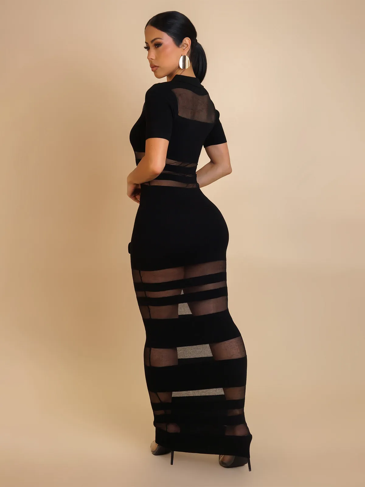 Zadie Sheer Mesh Panel Fitted Maxi Dress maxi dress Castello Clothing Line
