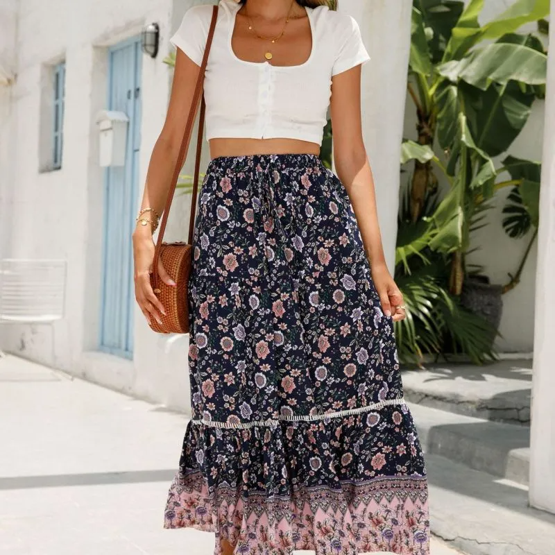 High Waist Floral Maxi Skirt with Stretch Waist Band - Breathable Polyester/Spandex Blend  Castello Clothing Line   