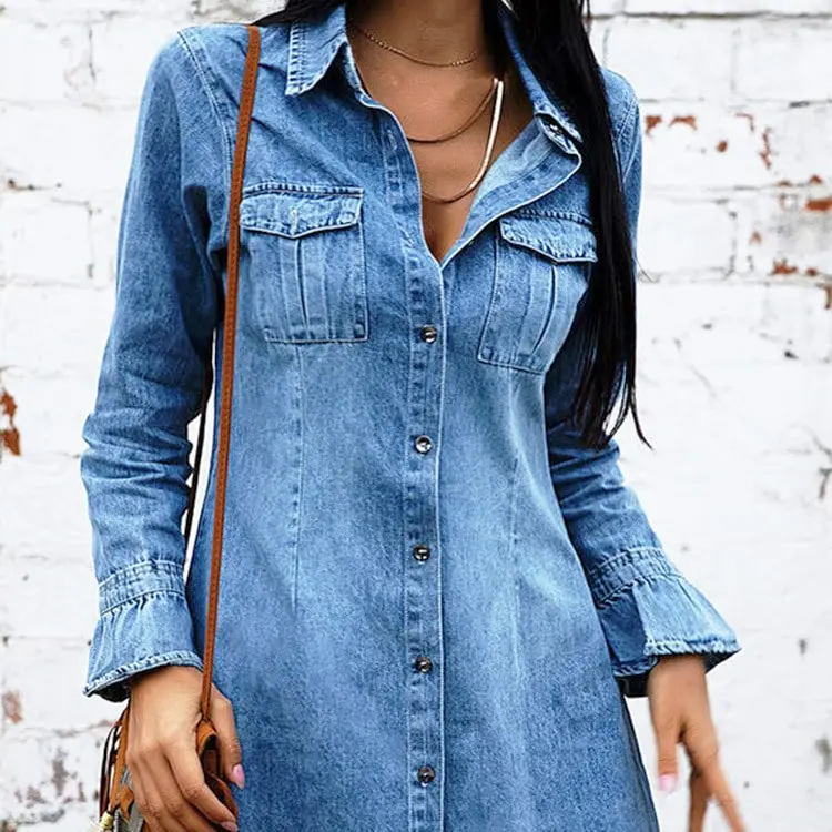 Long Sleeve Ruffle Denim Shirt Dress  Castello Clothing Line   