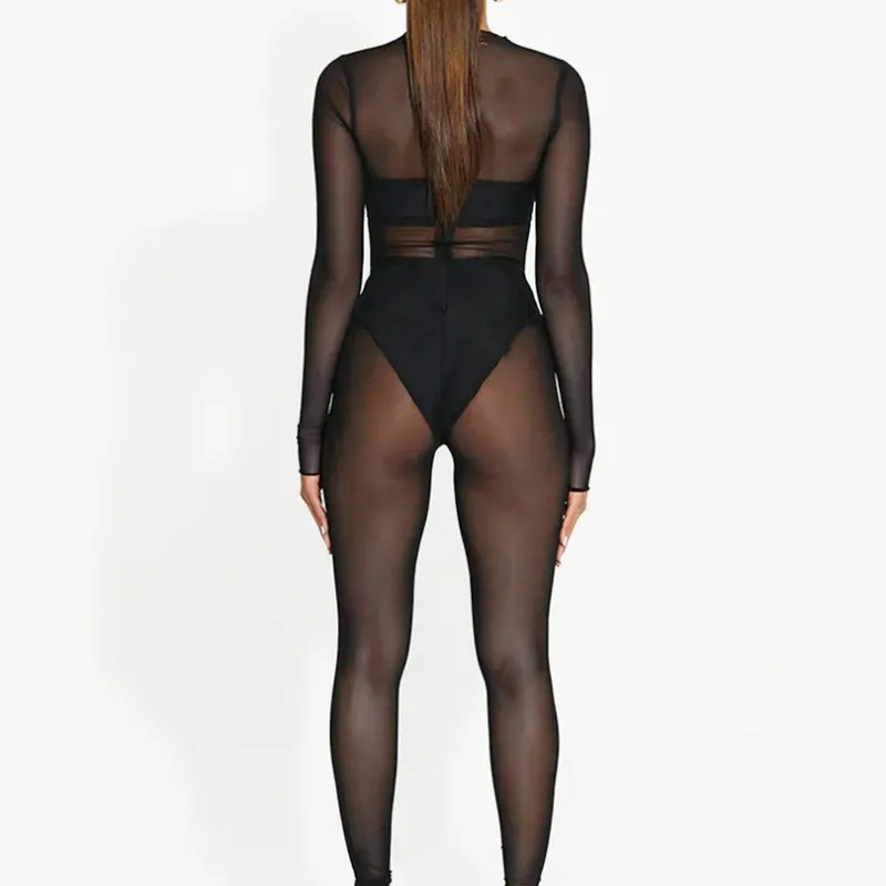 Taylor Sheer Mesh Long Sleeve Bodycon Jumpsuit bodycon jumpsuit Castello Clothing Line