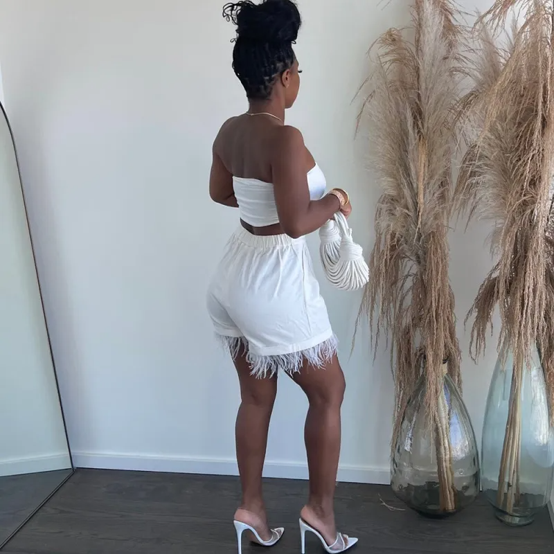 FeatherLuxe High Waist Tailored Feather Trim Shorts  Castello Clothing Line   