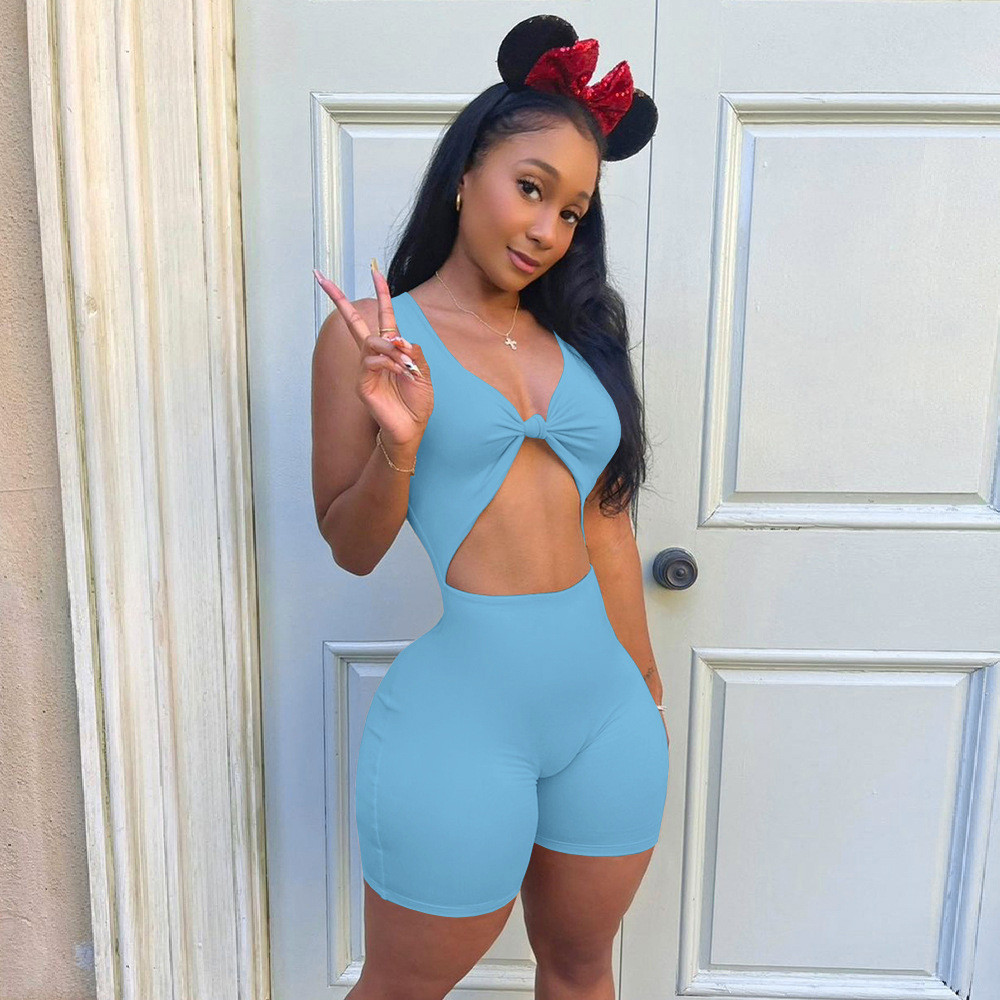 Flirt Knot Cutout Biker Short Romper  Castello Clothing Line   