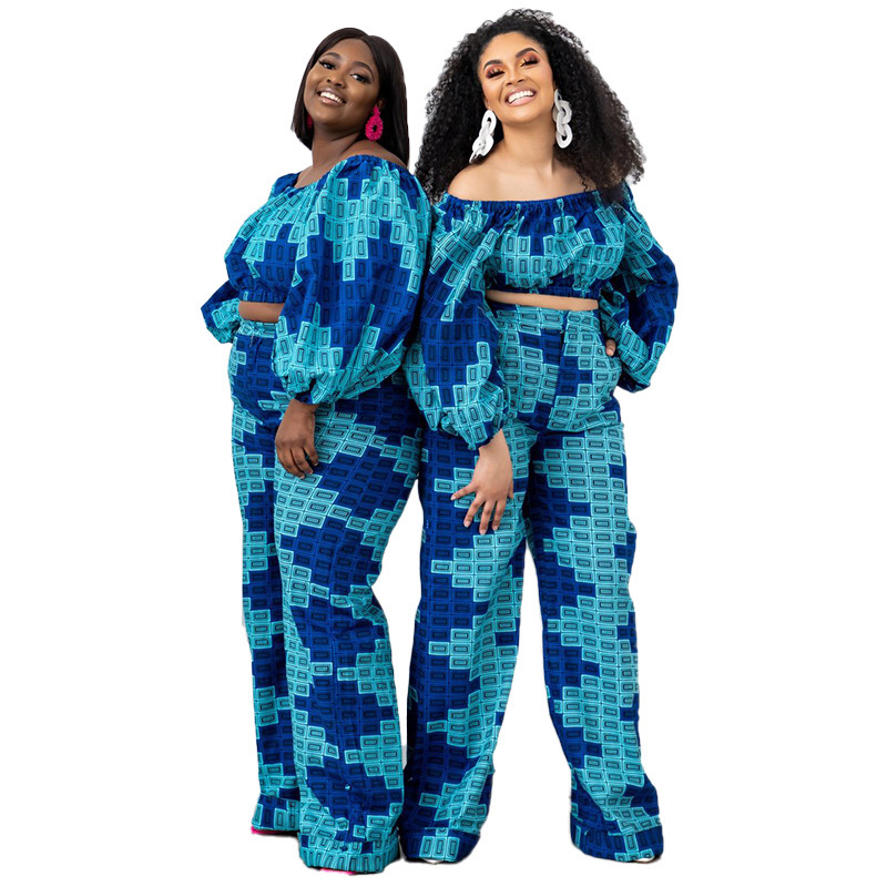 Plus Size Off Shoulder 2-Piece Pants Set with Long Puff Sleeves and High Waisted Pants  Castello Clothing Line   