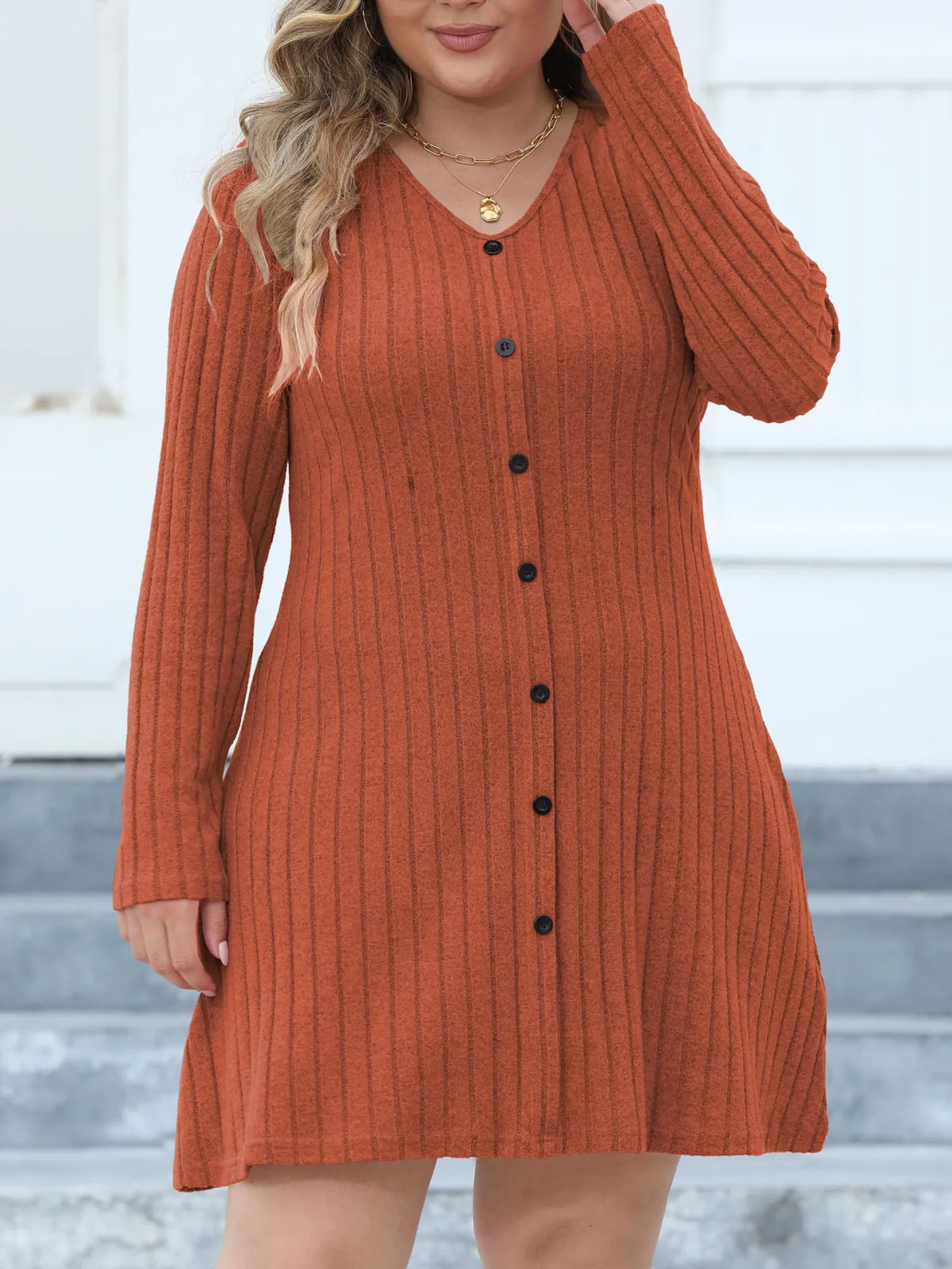 Mara Plus Size Belted Button-Down Ribbed Knit Mini Dress Castello Clothing Line