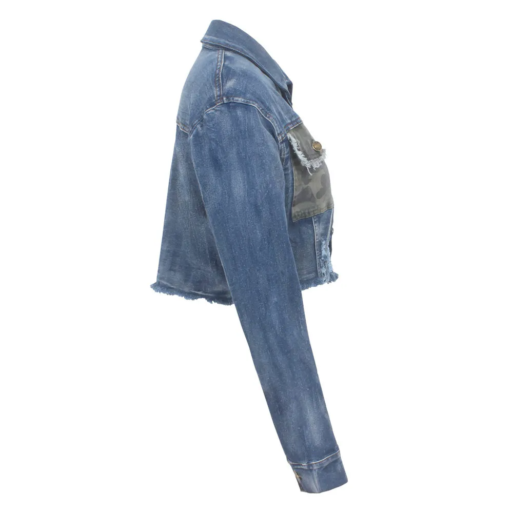 Renegade Camo Pocket Frayed Hem Cropped Denim Jacket Castello Clothing Line