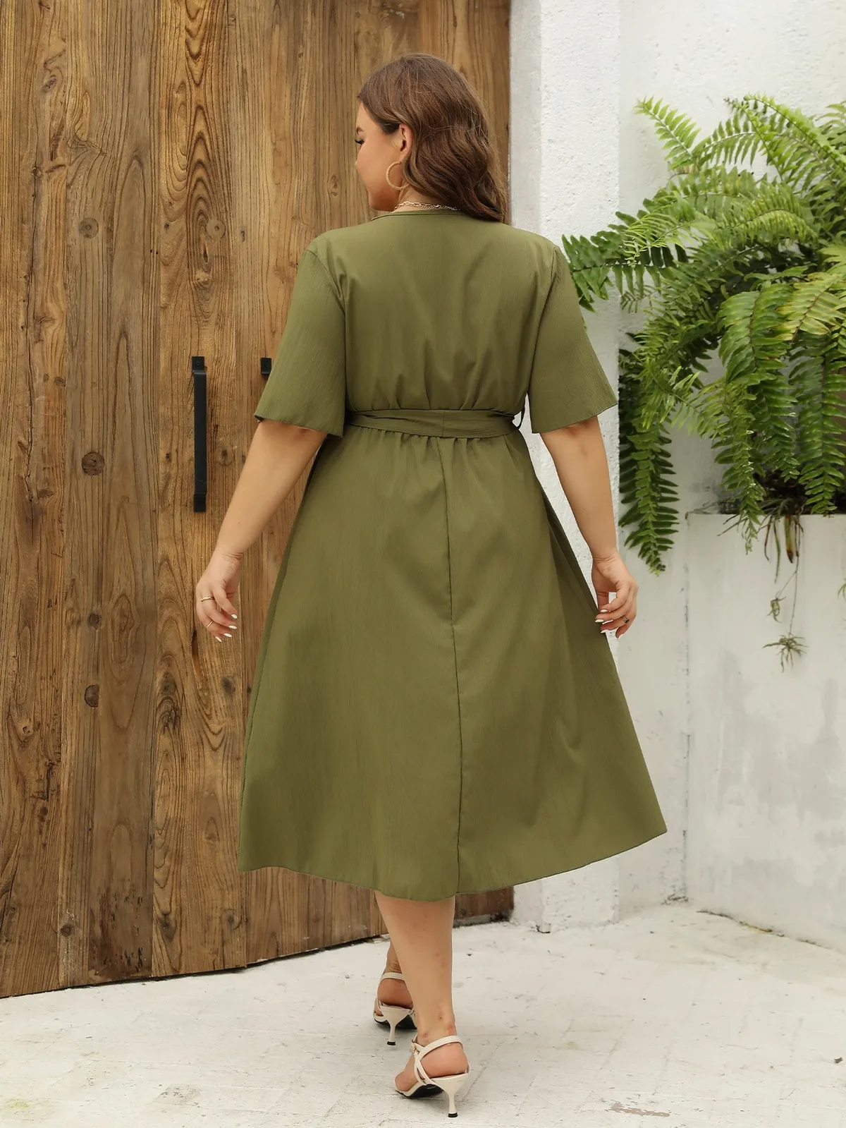 Dara Plus Wrap Flutter-Sleeve Belted Midi Dress midi dress Castello Clothing Line