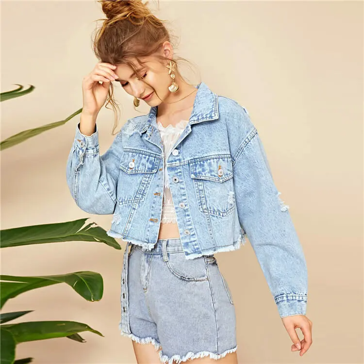 Rapture Distressed Cropped Button-Up Denim Jacket Castello Clothing Line