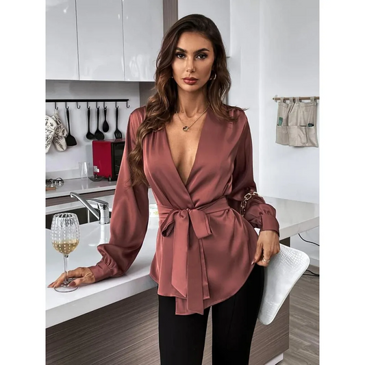 Goddess Wrap V-Neck Long Sleeve Belted Satin Blouse Castello Clothing Line