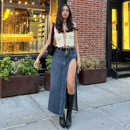 Street Chic High Slit Denim Skirt  Castello Clothing Line   