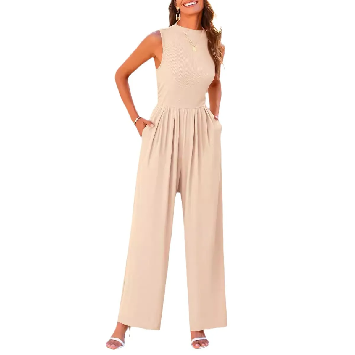 Thalia Sleeveless Ribbed Knit Gathered Wide Leg Jumpsuit women jumpsuits Castello Clothing Line