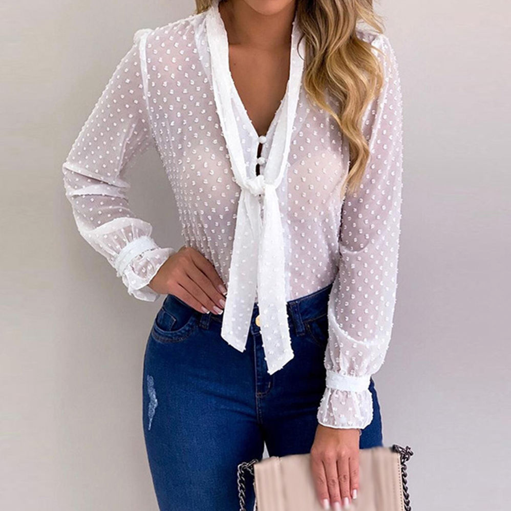 Felicity Tie-Neck Swiss Dot Long Sleeve Blouse Castello Clothing Line
