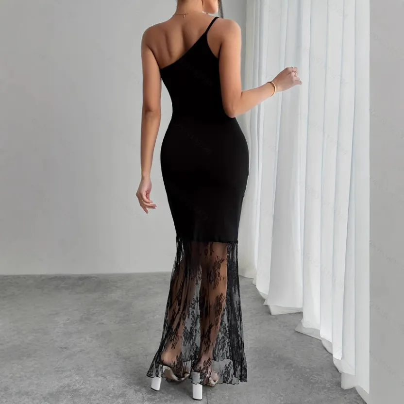 Veyra One Shoulder Sheer Lace Maxi Dress maxi dress Castello Clothing Line