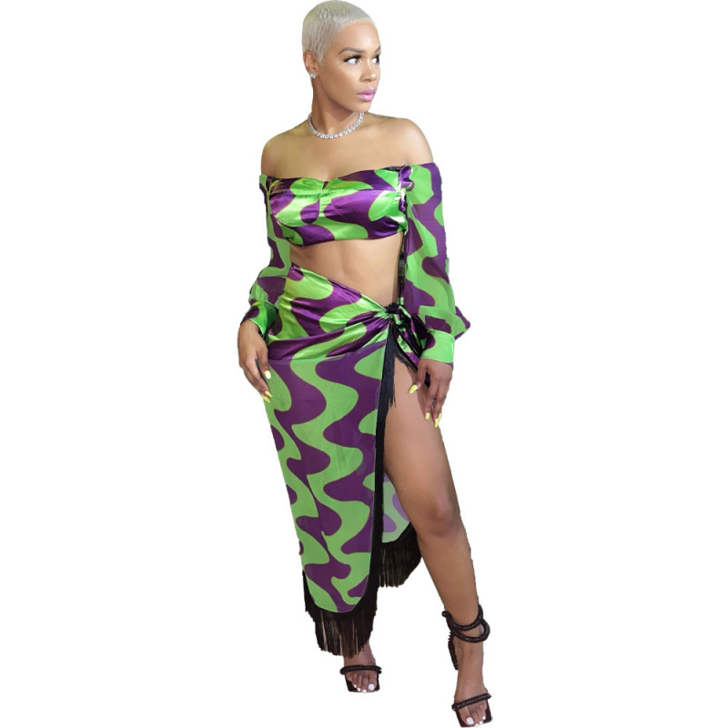 Off Shoulder Long Sleeve Crop Top with Tassel Wrap Skirt Set  Castello Clothing Line   