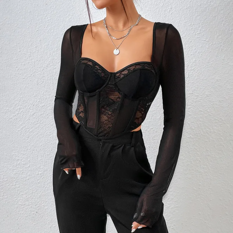Dare to Flaunt Lace Bustier Mesh Top  Castello Clothing Line   