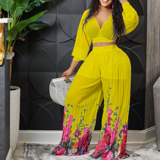Chiffon Long Sleeve Top and Wide Leg Pants Set  Castello Clothing Line   