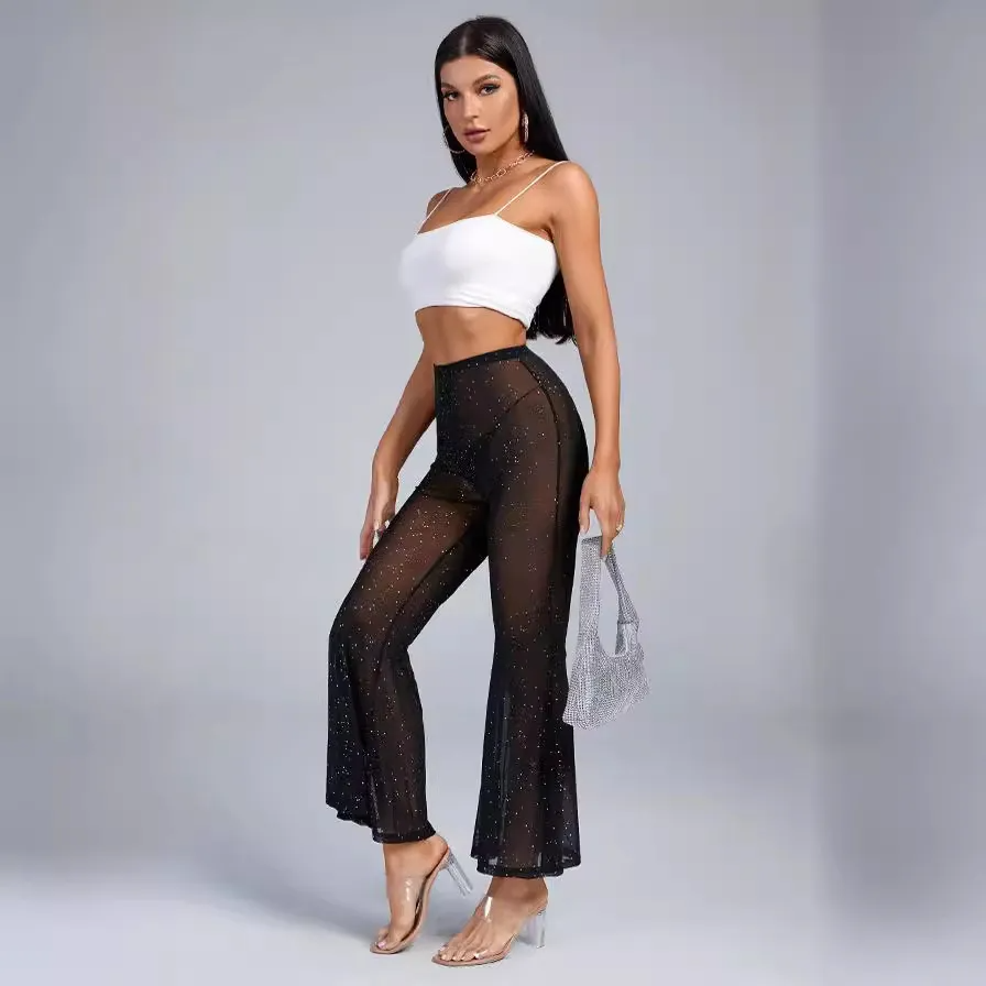 Riven High-Waisted Sheer Glitter Flare Pants Castello Clothing Line