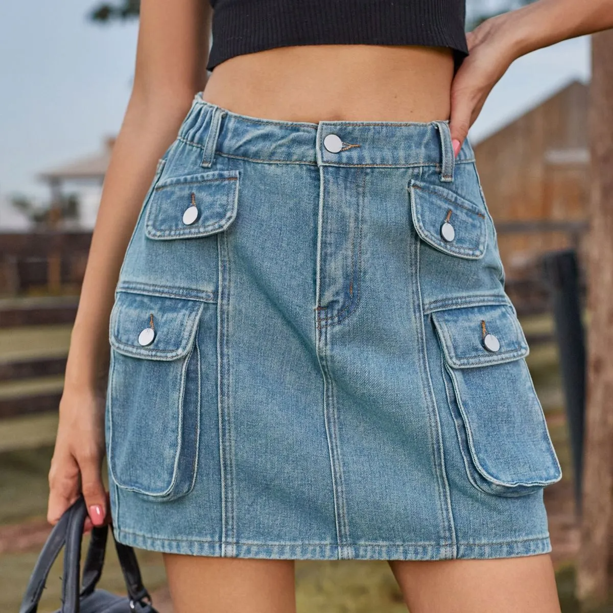 Cargo Cutie Button-Up Denim Mini Skirt  Castello Clothing Line   