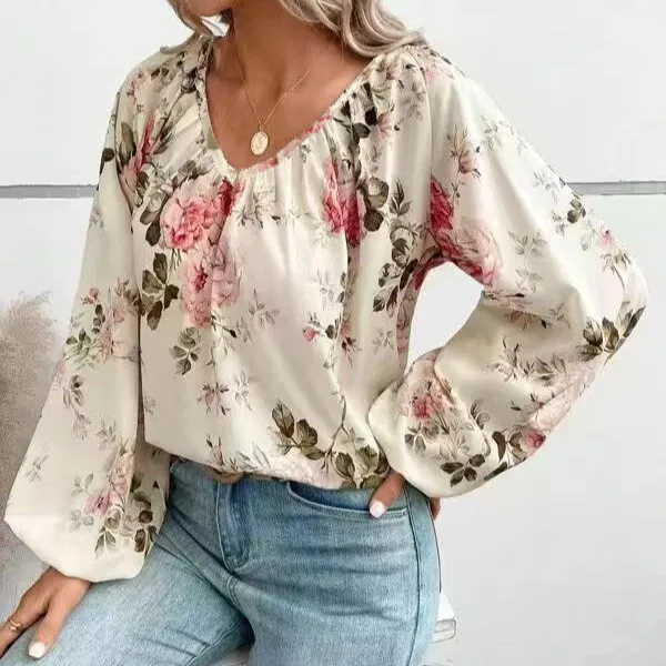 Floral Whispers V-Neck Balloon Sleeve Blouse  Castello Clothing Line   