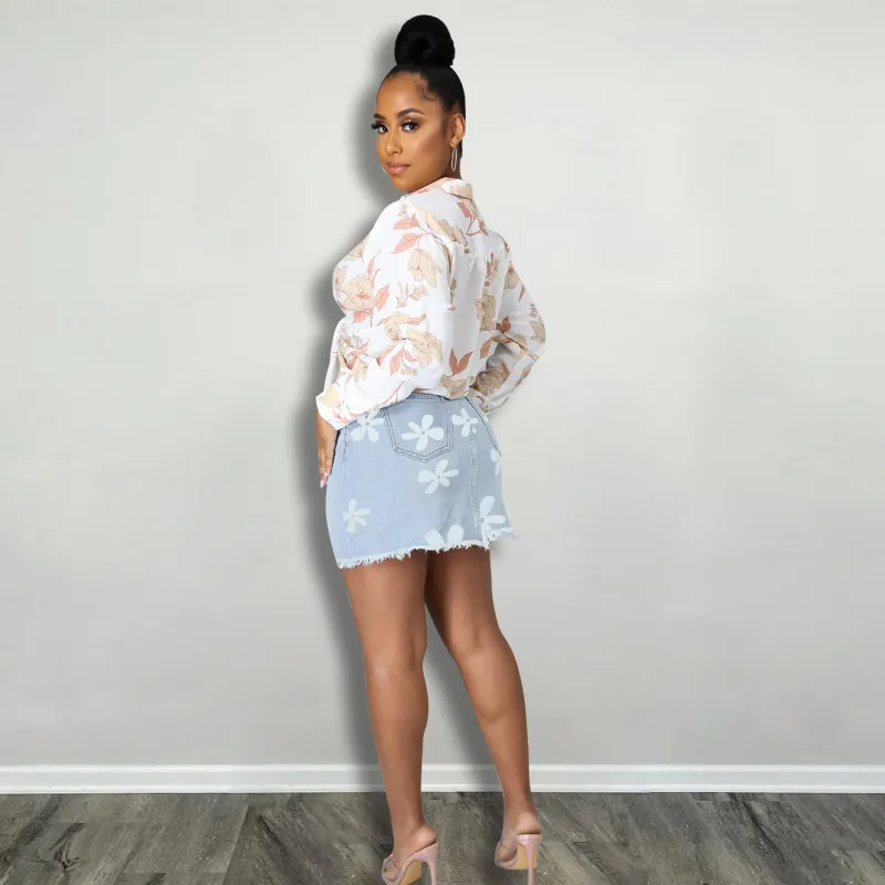 Flower Power Frayed Denim Mini Skirt  Castello Clothing Line   