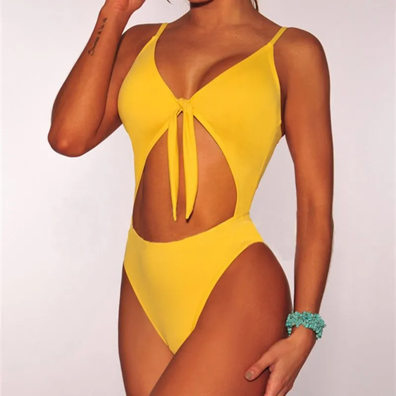 Cut Out Front Tie High Waist One-Piece Swimsuit  Castello Clothing Line   