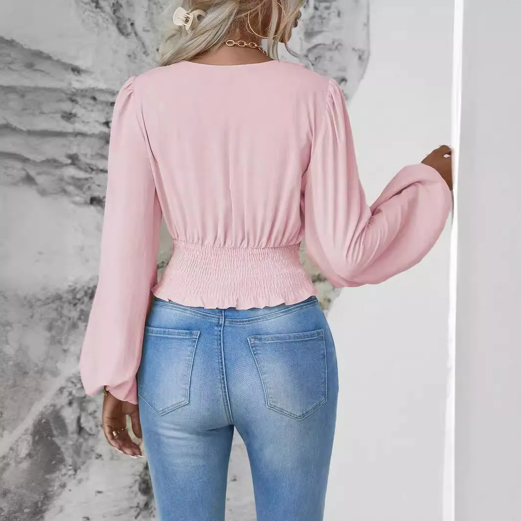 Seraphine Ruched V-Neck Long Sleeve Smocked Crop Top Castello Clothing Line