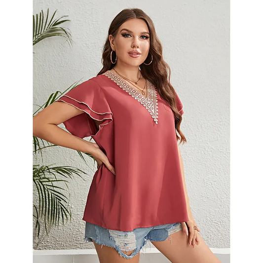 Elysian Plus Size Lace-Trimmed Ruffle Sleeve V-Neck Blouse Castello Clothing Line