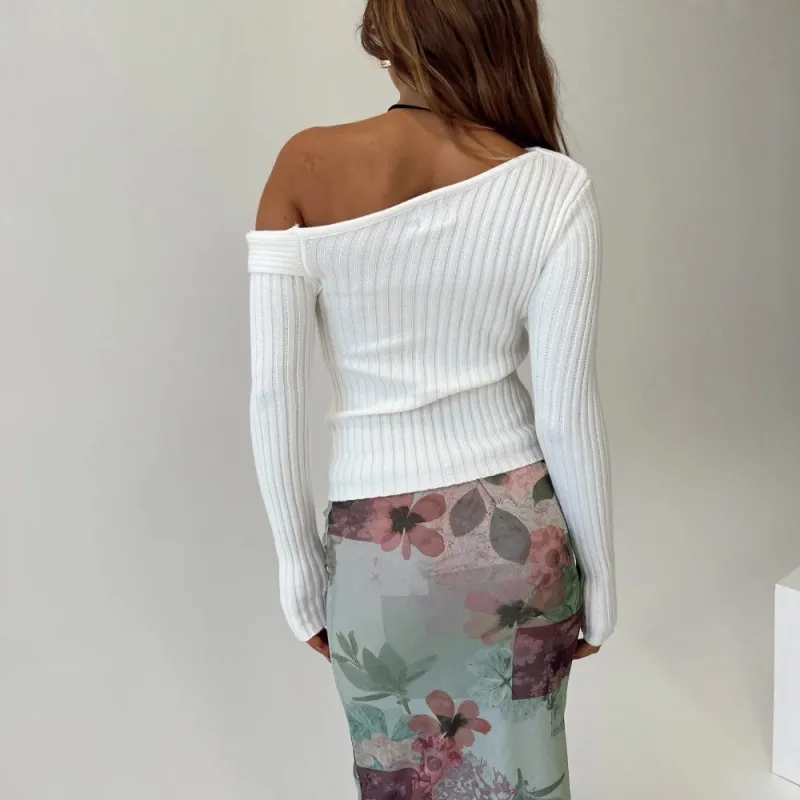 Spark Off-Shoulder Long Sleeve Ribbed Knit Sweater Castello Clothing Line