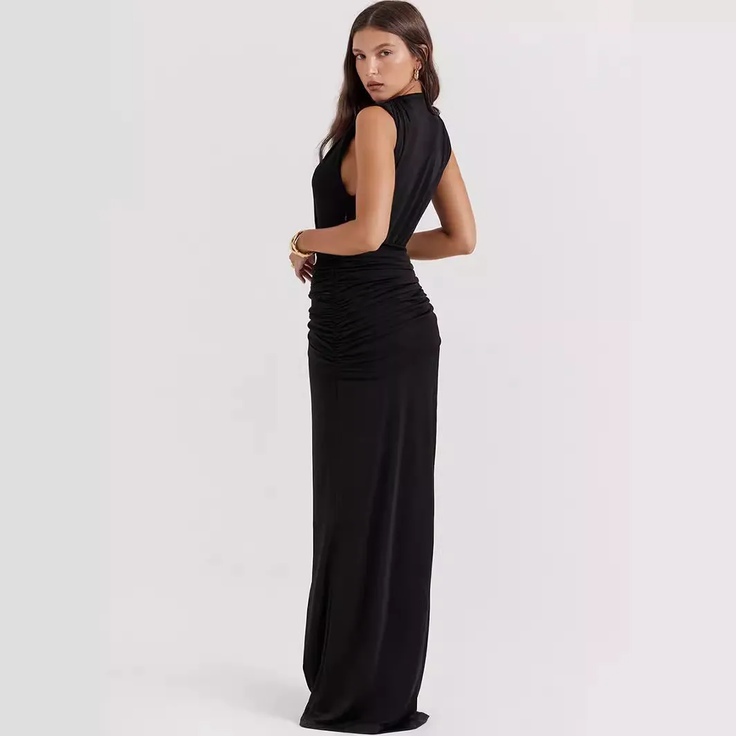 Sienna Sleeveless Plunge Neck Ruched High-Slit Maxi Dress maxi dress Castello Clothing Line