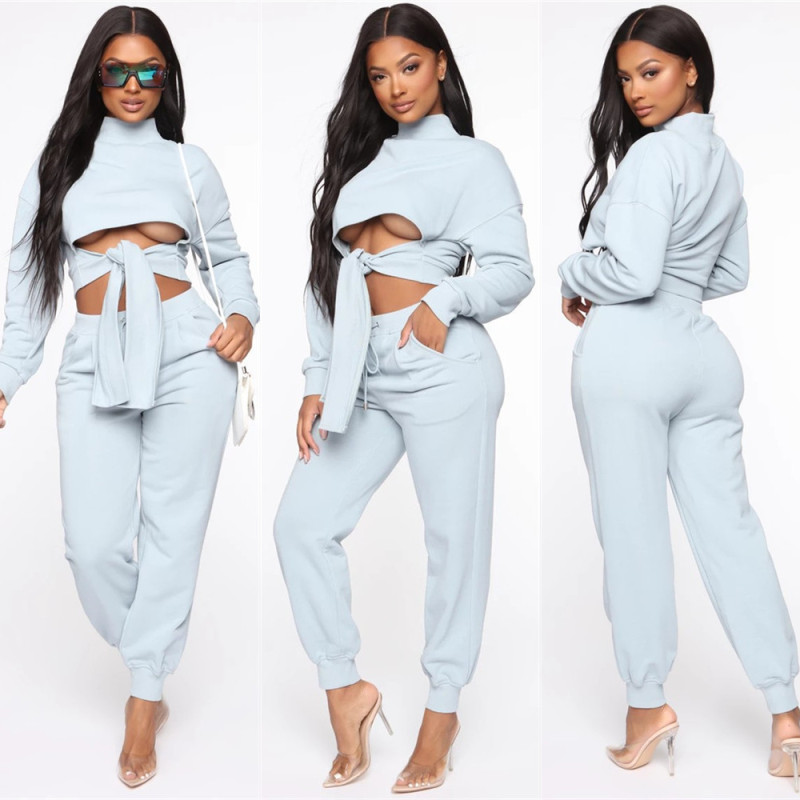 Cropped Sweater Top and Pants Set with Cut Out Sleeves and Front Tie  Castello Clothing Line   