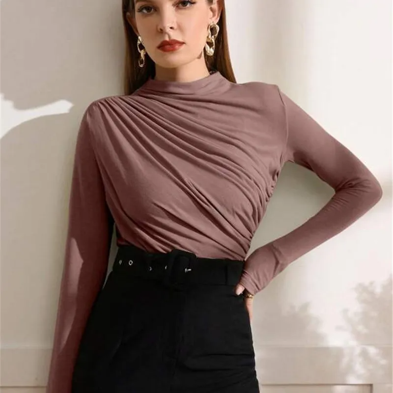 Power Pose Ruched High Neck Long Sleeve Blouse Castello Clothing Line