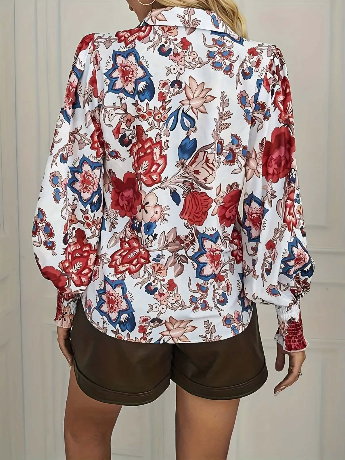 Symphony Floral Print Puff Sleeve Button-Up Blouse Castello Clothing Line