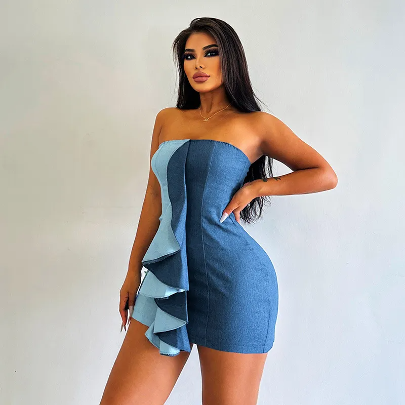 Giana Strapless Asymmetrical Ruffle Denim Bodycon Mini Dress Castello Clothing Line