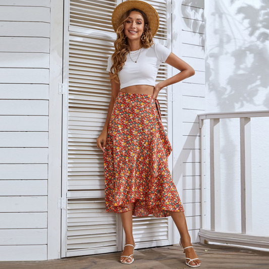 High Waist Floral Ruffle Wrap Skirt - Elegant and Trendy Midi Skirt with Chic Flower Print, Side Tie - Polyester/Spandex Blend  Castello Clothing Line   