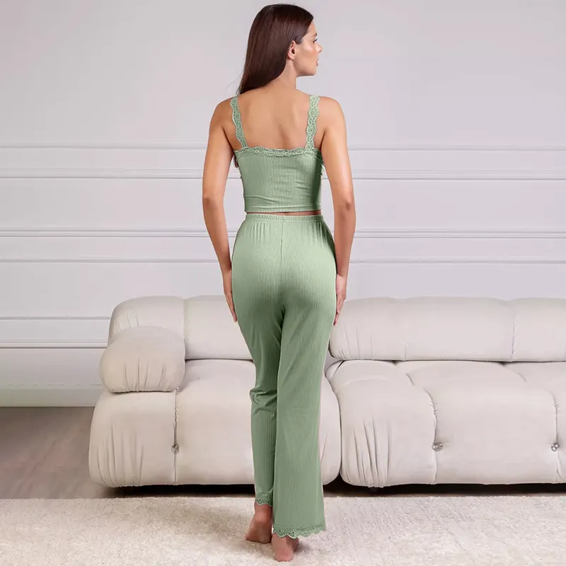 Luxe Harmony Ribbed Lace Trim Matching Lounge Set  Castello Clothing Line   