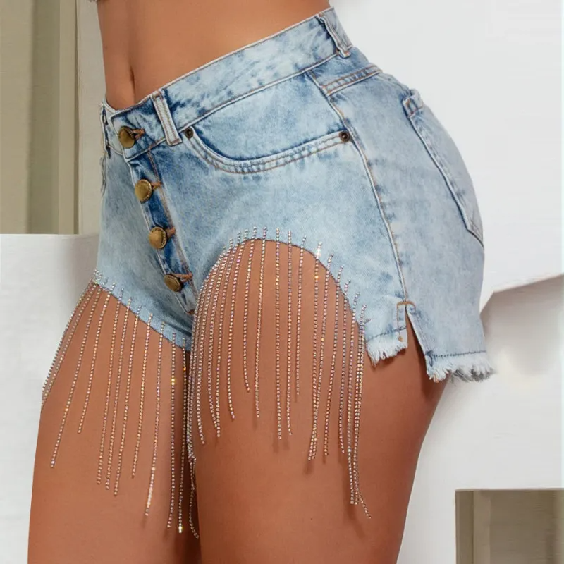 CrystalDaze High-Waist Rhinestone Fringe Denim Shorts  Castello Clothing Line   