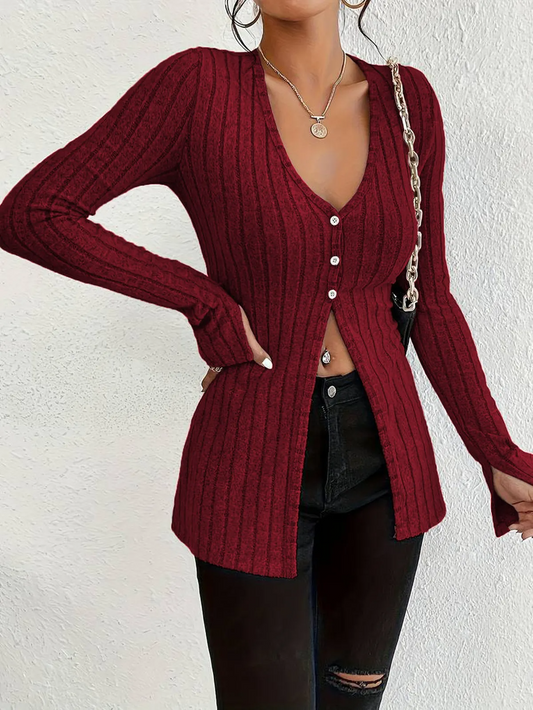 Sweet Talk Ribbed Button-Up Fitted Knit Cardigan Castello Clothing Line